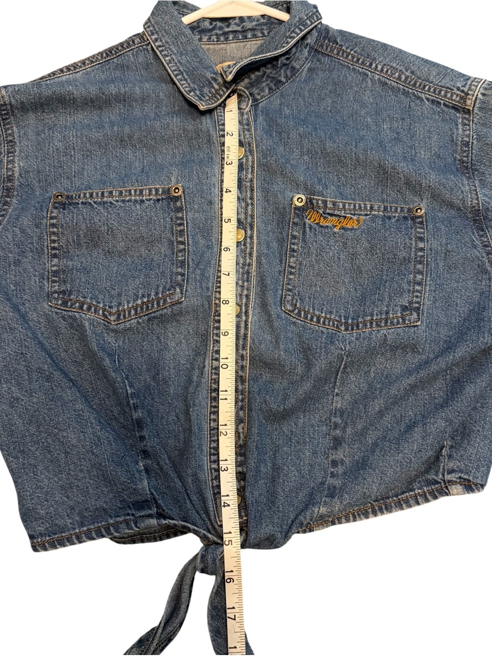 Wrangler ~ Blue ~ Denim ~ Waist Length Shirt w/ Tie at Waist. Size Medium/Large. - Picture 14 of 16